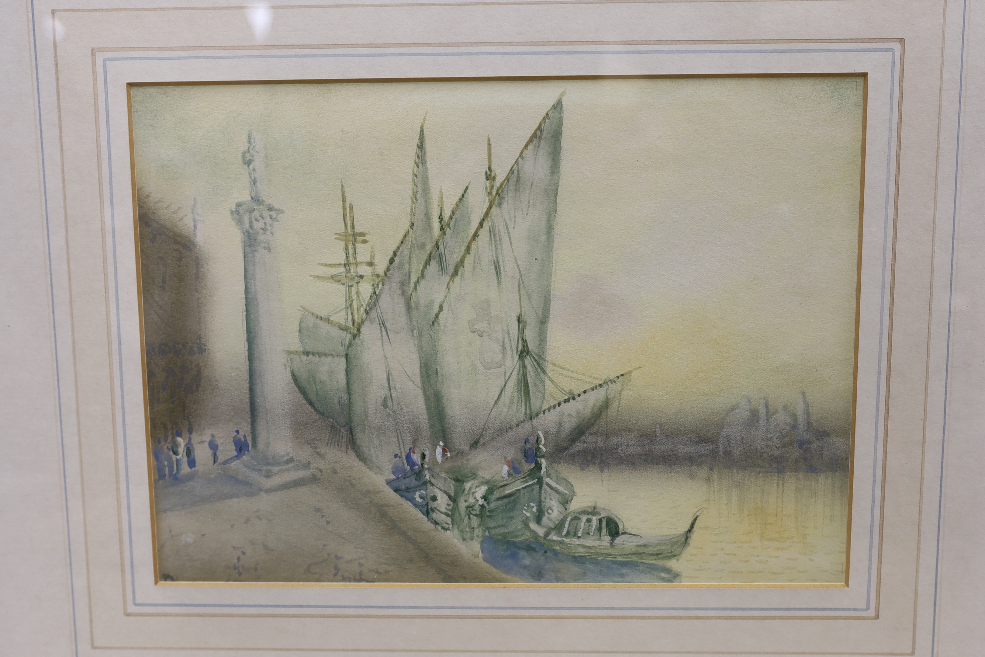 Six watercolours and prints including Frederick C. Jackson (fl.1868-1884), watercolour, 'Near Kynance Cove', attributed to Samuel Prout (1783-1852), sepia watercolour and a pen and ink sketch of an army officer, largest